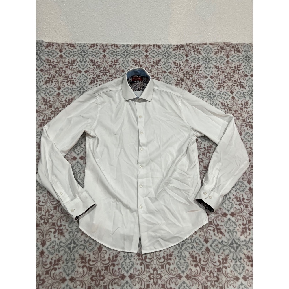 Consequence Mens White Long Sleeve Button Down Dress Shirt Paisley Trim Small